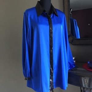 JOAN RIVERS BLUE W/ BLACK SEQUINS L/S BLOUSE